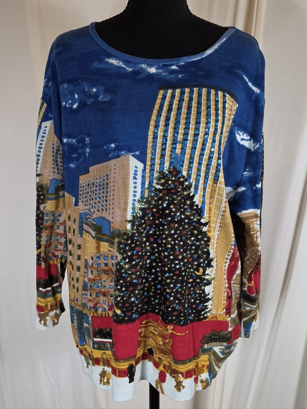 Vintage Take Two 2X Blue Scenic Christmas Tree Rhinestone Wraparound Cotton Top